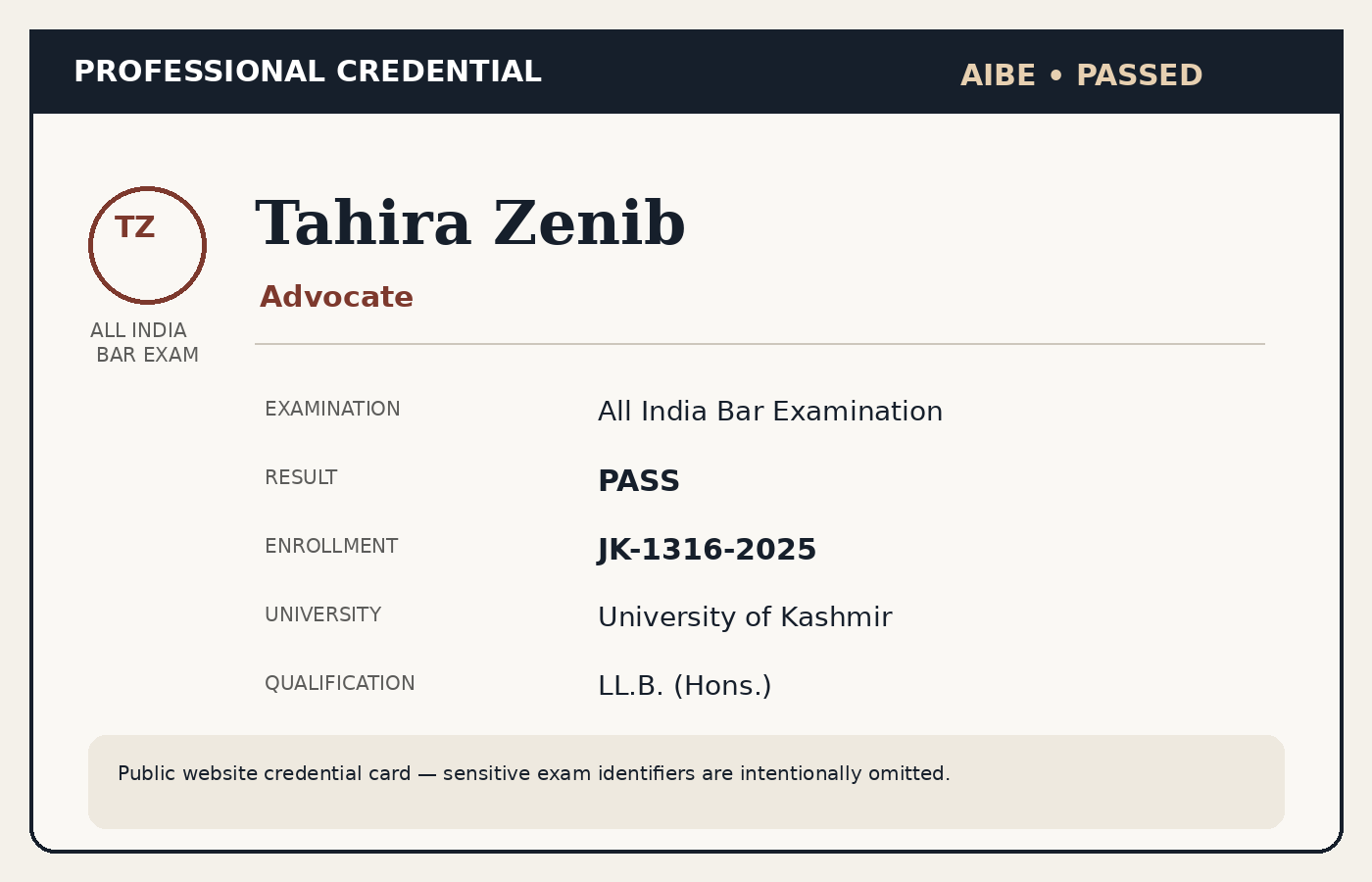 Public credential card showing Tahira Zenib's AIBE passed status and enrollment number